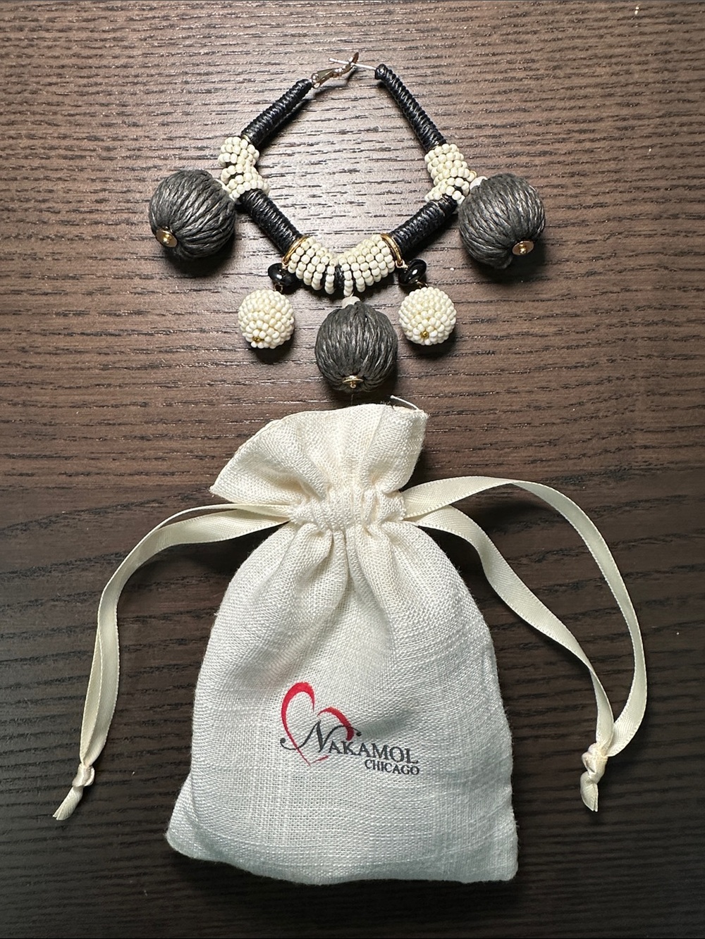 Handcrafted Black and Cream Bead Drop Statement Earrings - Picture 3 of 3